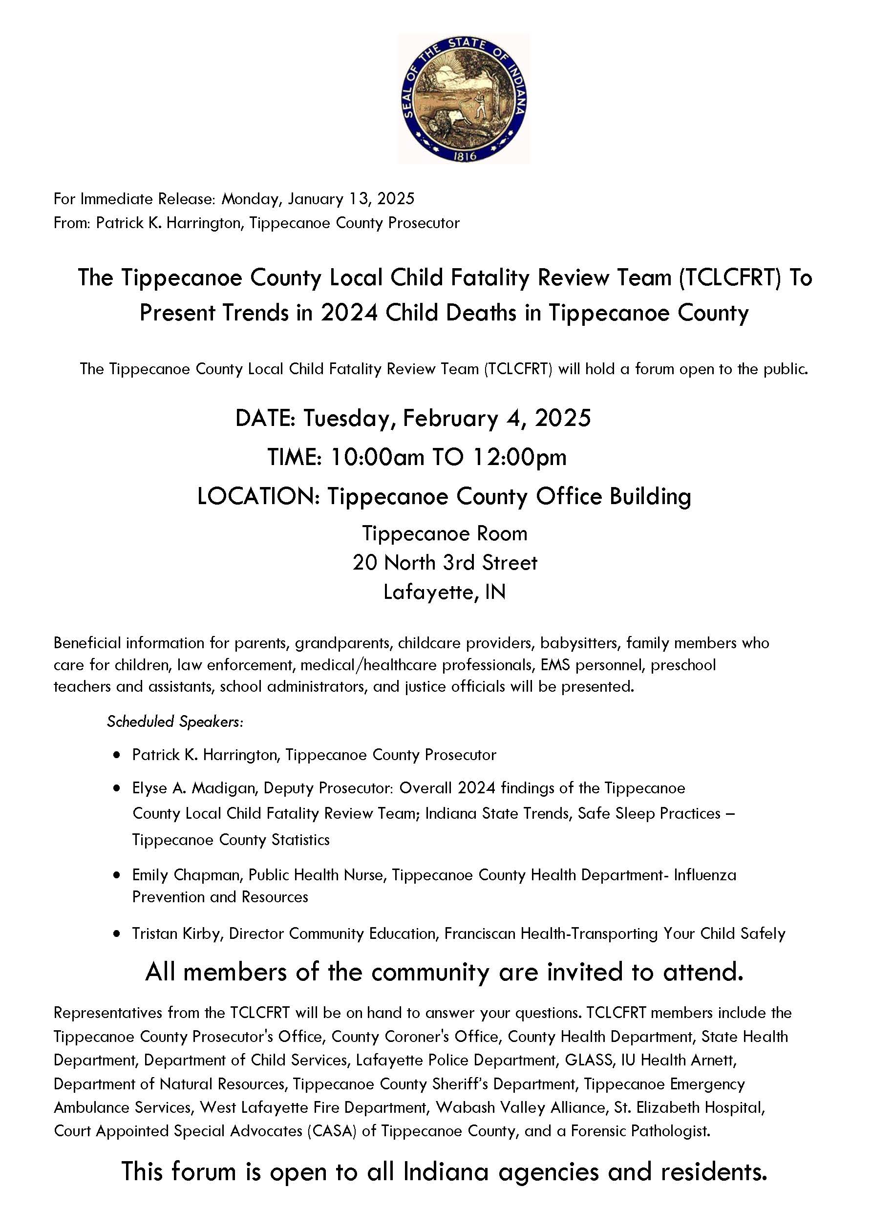 TCLCFRT to Present Trends in 2024 Child Deaths in Tippecanoe County