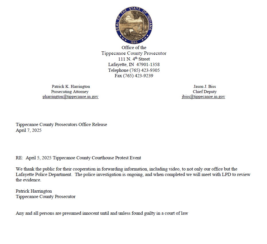 April 7, 2025 Tippecanoe County Prosecutor’s Office Release